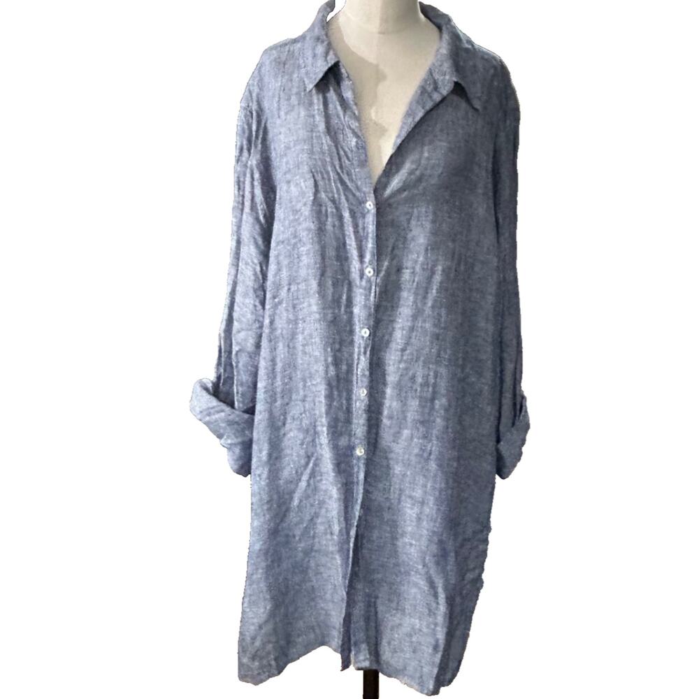 Sigrid Olsen Linen Women Top Long Blouse Tunic Medium Blue Button PLUS SIZE 3X